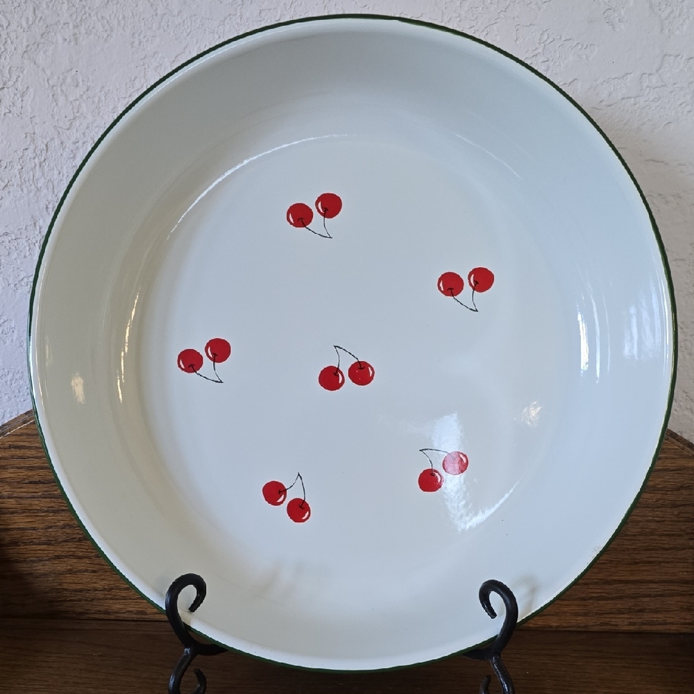 Blue Sky White Serving Bowl with Red Cherry Motif and Green Rim